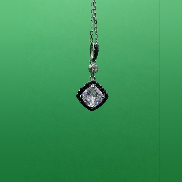 Cushion Cut CZ & Black CZ Halo Pendant and Chain, Sterling Silver 923 - Picture 4 of 10